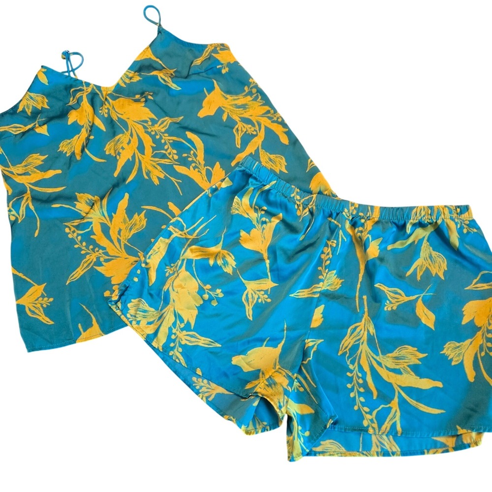Stars Above Teal Yellow Floral Satin Pajama Set Cami Shorts Womens Medium